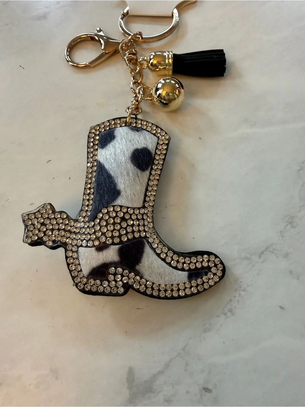 ✨ Giddy Up! Western Rhinestone Black & White Cowhide Cowboy Boot Puffy Keychain